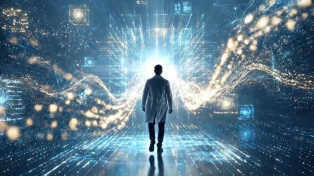 A scientist walks through a futuristic digital laboratory filled with flowing data streams, symbolizing artificial intelligence, scientific discovery, and technological innovation.