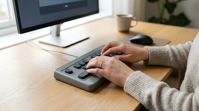 Person using braille keyboard at wooden desk with computer monitor