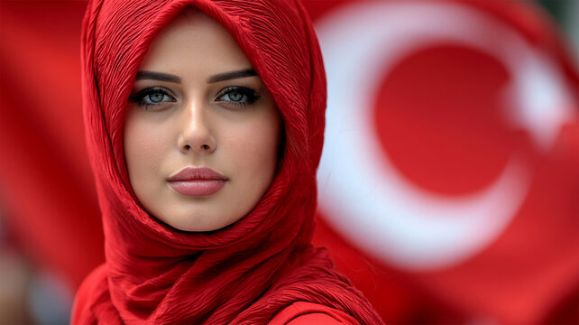Portrait of a Muslim woman wearing a red hijab in front of the Turkish flag, representing Turkey, national pride, culture, identity and modern Turkish society