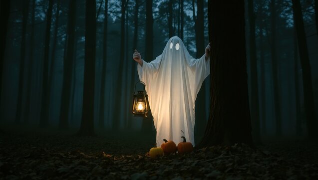 Scary ghost with lantern in misty foggy forest at night.