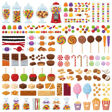 Sweet candy and chocolate collection, confectionery set, lollipops and sweets, sugar treats for design, colorful dessert vector illustration, bakery items isolated