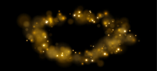 A luminous circular ring of golden bokeh lights floats on a black background. The lights vary in intensity and softness creating a glowing halo effect. © megasuperman