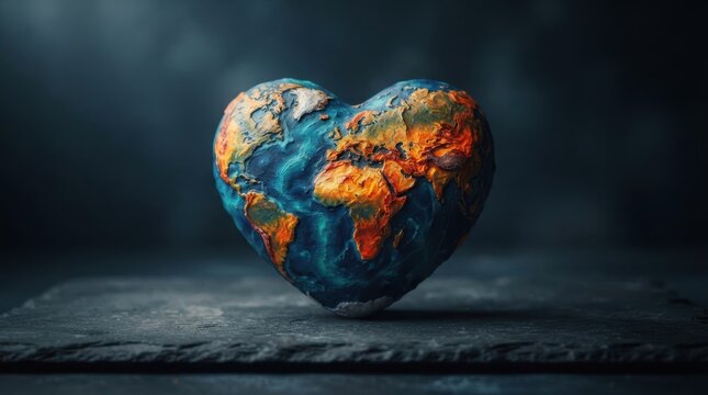 Heart shaped textured planet Earth floating above dark stone surface representing love for environment and global health awareness World AIDS Day
