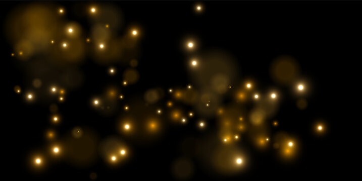 Yellow glowing orbs create a scattered light effect on a black background. The lights display various intensities and soft circular halos. This image is suitable for festive, magical, or.