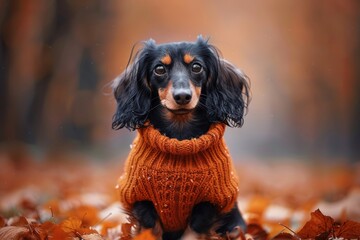 Fototapeta premium Dachshund in a red sweater surrounded by autumn leaves in a park