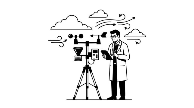 Meteorologist analyzing weather data with anemometer and equipment in line art style