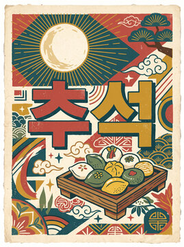 vector illustration of an vintage Chuseok, Korean Mid-autumn festival design card with songpyeon