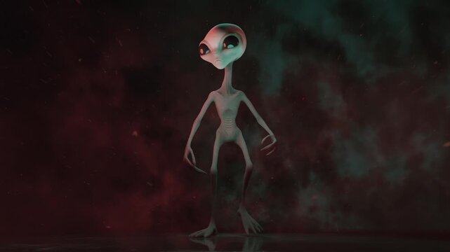 4k loop of creepy alien creature walking through dark foggy space
