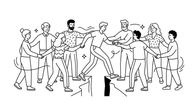 Diverse group of people joining hands to bridge a gap in a teamwork concept illustration.