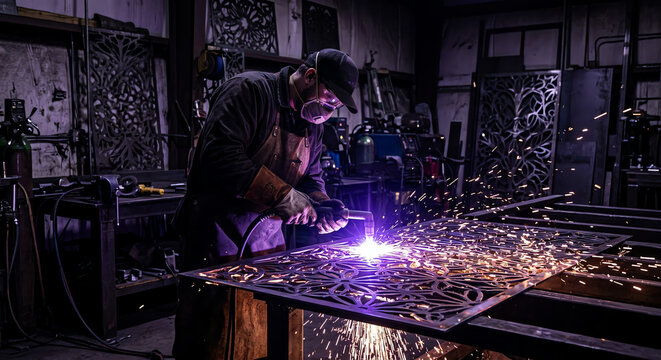Craftsman welding metal art in workshop with sparks
