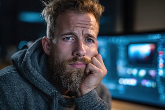 Tired Freelancer Working Late at Computer Screen