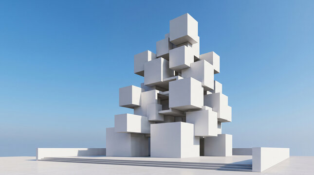 Abstract 3d rendering of the exterior of a modern building made of white geometric cubes against a clear blue sky, minimalist architectural background