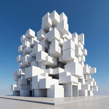 Abstract 3d rendering of the exterior of a modern building made of white geometric cubes against a clear blue sky, minimalist architectural background
