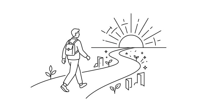 Person with backpack walking on a path toward a rising sun, line art illustration.