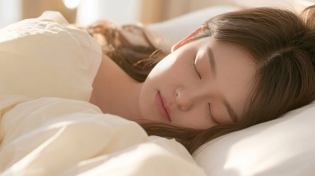 Peaceful young Asian woman sleeping comfortably in a cozy bed with soft white bedding and warm morning sunlight, relaxing rest and healthy sleep concept