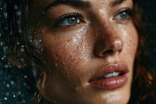 Close Up Portrait of Wet Woman Face