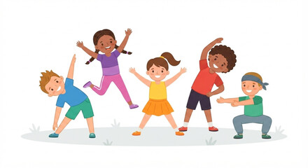 Fototapeta premium happy children doing exercise and gymnastics vector illustration