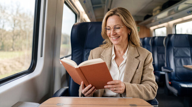 Woman reads a book while sitting on a train during daytime