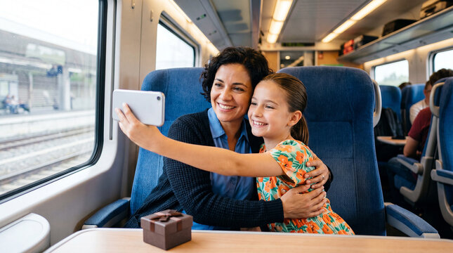 Two people take a selfie on a train during a trip