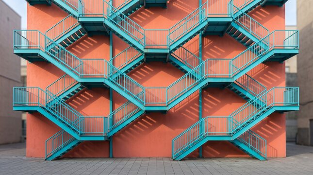 Turquoise fire escape staircase pattern on coral wall, repeating zigzag landings and bold urban exterior architecture color
