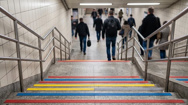Subway station staircase pattern with colored anti slip strips, concrete steps, stainless rails and blurred commuters in urban transit