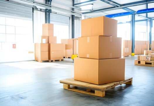 Logistics and supply chain management, cardboard boxes stacked on a wooden pallet in a large industrial warehouse for shipping and distribution operations