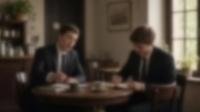 Two Japanese students preparing for interviews at a cafe table, anonymous blurred 4K footage