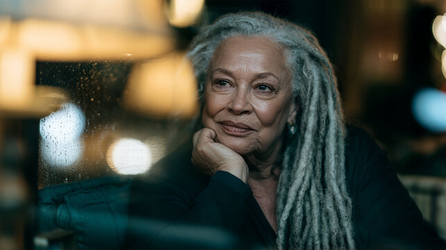 Thoughtful senior Black woman with gray dreadlocks looking through a rainy window, reflective mature portrait with calm expression and warm evening lights