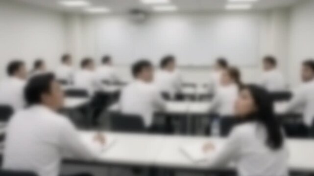 New employees taking notes in a corporate training room, anonymous blurred 4K footage