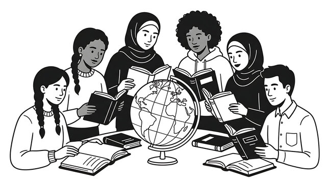 Group of Diverse Students Reading Books Around Globe in Classroom