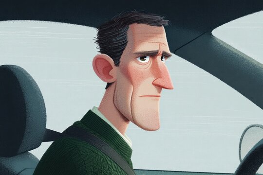 Serious Man Driving Car Illustration