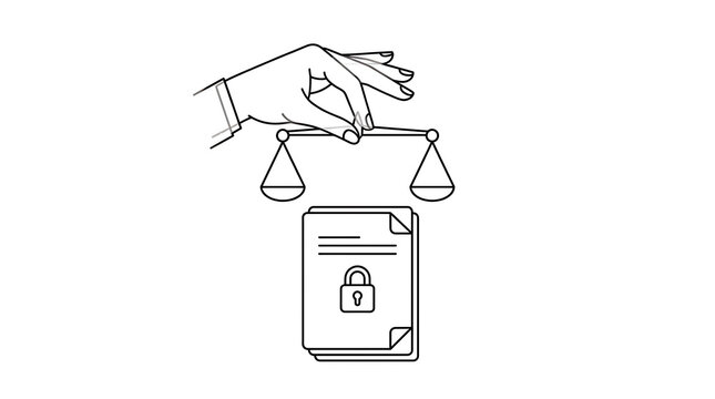 Hand holding scales of justice over a document with a padlock for anti-corruption concept