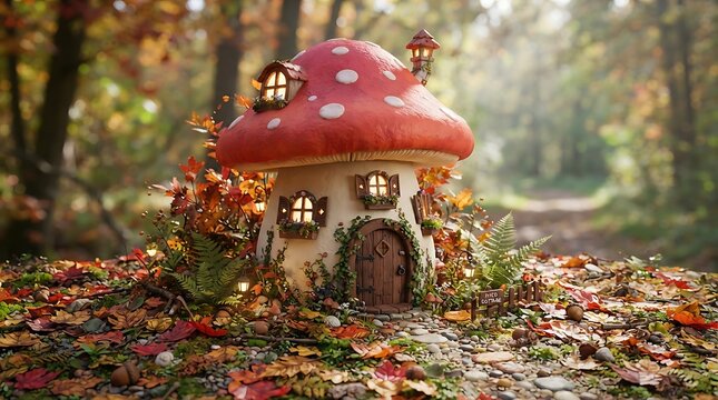 A charming 3D render of a kawaii mushroom house, surrounded by a carpet of colorful autumn leaves. This whimsical icon brings a touch of enchanting fall magic to any design.