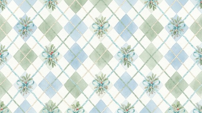 Watercolor argyle pattern with blue and green diamonds bows and mistletoe