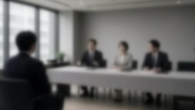 面接官3人と向き合う就活生、役員面接の場面、ぼかし処理した4K映像