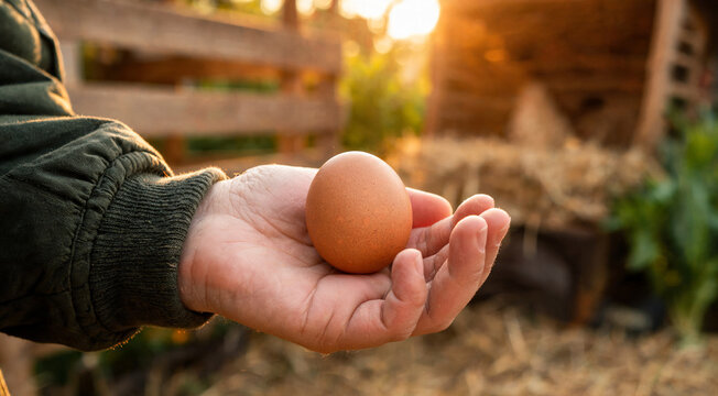 Person holds a brown egg in hand on a farm during sunset near a straw-filled barn