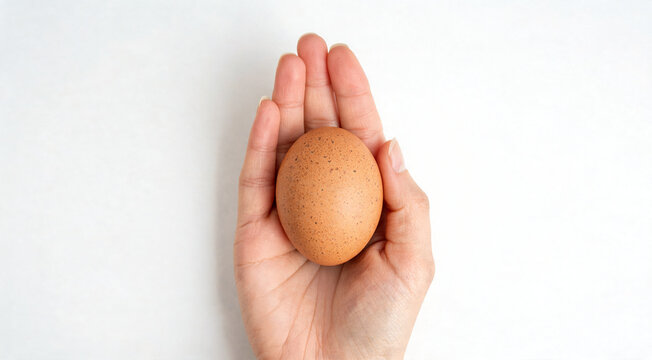 Hand holding a brown egg on a plain white background