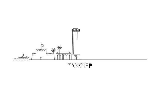 Simple line art depicts Tangier's skyline