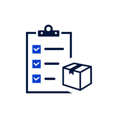 Fototapeta premium Clipboard checklist icon with cardboard box isolated on white background, inventory control and delivery order verification symbol