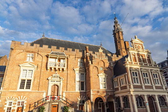 Haarlem, Netherlands. Close up details of the Renaissance and medieval brick facade and central tower of the Stadhuis City Hall in Haarlem.