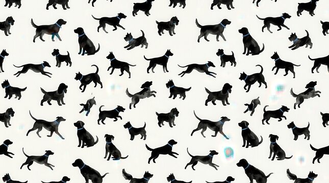 Seamless pattern of black dogs with blue collars on white background
