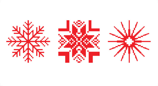 Red pixel art snowflake and geometric symbols vector illustration featuring festive winter holiday designs