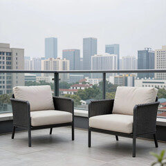 Obraz premium Urban lifestyle and luxury living, two modern outdoor armchairs on a high-rise balcony overlooking a city skyline with skyscrapers and metropolitan view