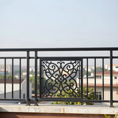Obraz premium Architecture and urban design, decorative metal railing with ornate scrollwork pattern on a balcony overlooking a residential neighborhood at daytime