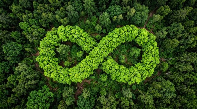 Aerial view of a bright green forest shaped like an infinity symbol