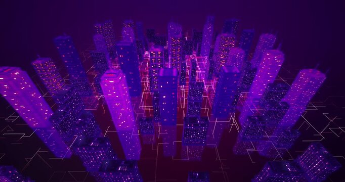 Abstract technology city background showing connected skyscraper buildings and data web. Technology related 3D animation.