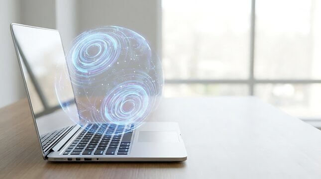 A laptop computer sits on a desk with a glowing blue digital globe hologram floating above the keyboard