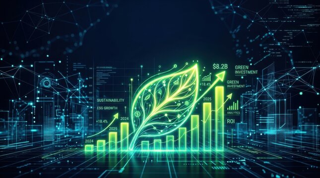 Digital green leaf graphic overlaying glowing financial charts and graphs