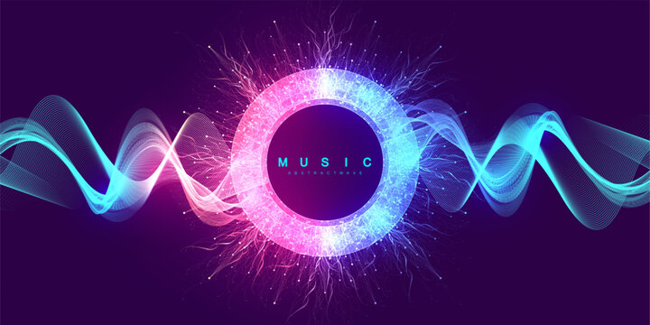 Music poster for electronic festival with dotted lines and waves. Party flyer cover design concept. Distorted music wave equalizer. Abstract amplitude of sound. Vector Illustration