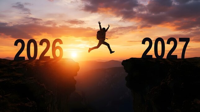 A silhouette of a person jumping between 2026 and 2027 to celebrate a happy new year